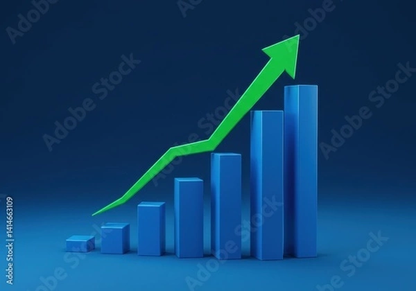 Fototapeta A blue bar graph with a green arrow pointing upwards indicating positive growth on a blue background