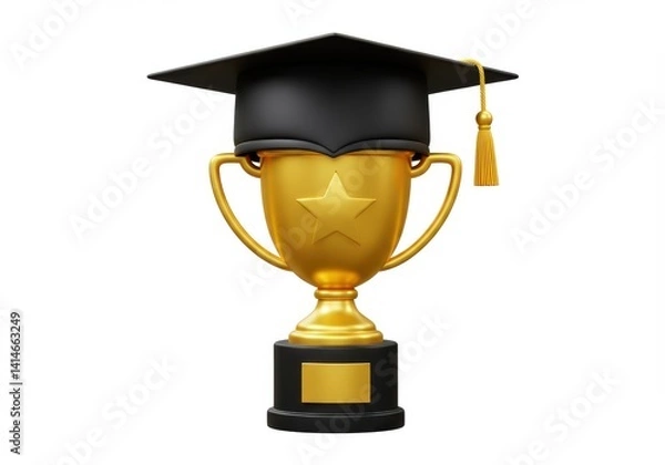 Fototapeta A graduation cap on a golden trophy with a star on it against a white color background image scene