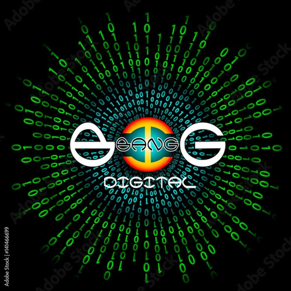Fototapeta Binary code and stylized inscription Big Bang Digital. Abstract vector background. Data and technology, decryption and encryption, computer matrix illustration.