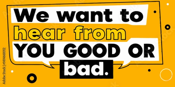 Fototapeta A vibrant call for feedback, inviting dialogue. The design features speech bubbles and bold text against a bright background.