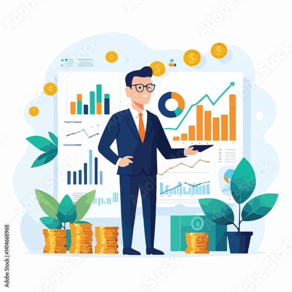 Obraz business illustration of a business man with graph 