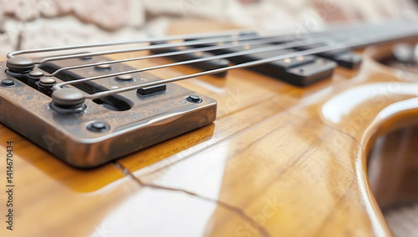 Fototapeta Modern flat design, tight close-up shot of an electric guitar with a natural wood finish against a rustic wall.  Detailed focus, simple two-dimensional shapes emphasize the guitar's design.