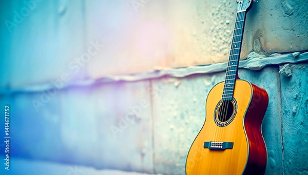 Fototapeta A bold acrylic painting features an electric guitar against a rustic wall.  Vibrant, electric colors and textured brushstrokes create a dynamic and expressive portrayal of the guitar and its surroundi