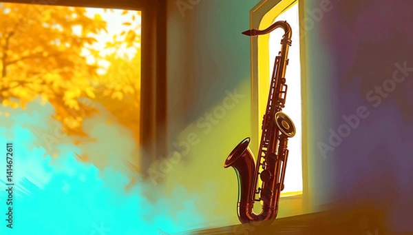 Fototapeta Digital sketch, brass saxophone silhouetted against rustic wall, strong hard light, vibrant complementary blues greens purples, dynamic motion, loose painterly strokes, misty atmosphere, blurred lines