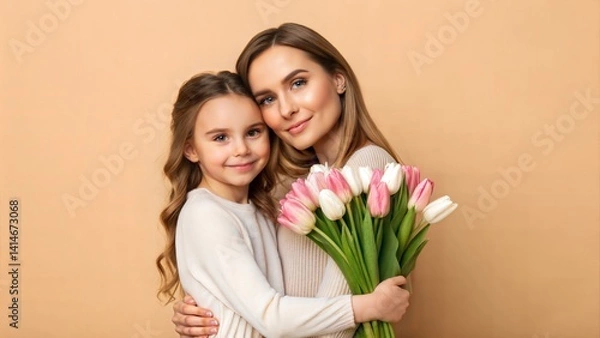 Fototapeta Little girl hugging her mother with tulips on beige background. (Mothers Day)