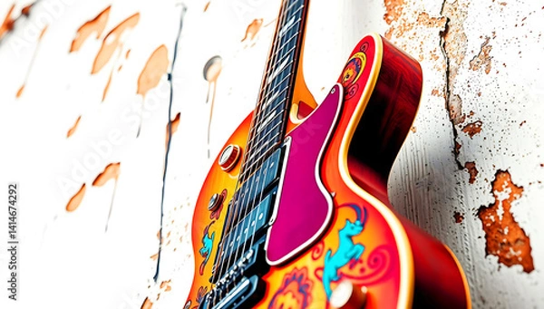 Fototapeta A bold acrylic painting features an electric guitar against a rustic wall.  Vibrant, electric colors and textured brushstrokes create a dynamic and expressive portrayal of the guitar and its surroundi