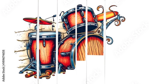 Fototapeta a vintage drum set leaning against a textured, rustic wall. The drums have a natural wood finish with a glossy sheen, showcasing a traditional body shape with a rounded belly and a narrow rack tom. 