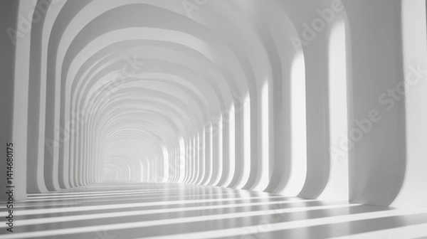 Fototapeta Serene white corridor with rhythmic arches and captivating light play creating a sense of depth and architectural elegance for modern design