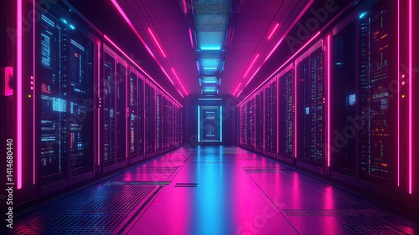 Fototapeta Connected servers inside a data center representing seamless communication and data processing