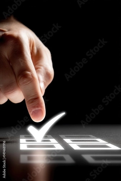 Fototapeta A hand presses a glowing checkmark on a dark, reflective surface, symbolizing selection or confirmation