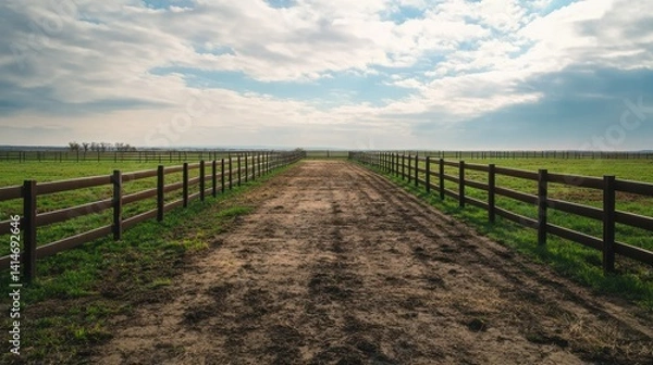 Fototapeta A well-maintained cattle pen with metal fencing and a wide area for livestock to roam.
