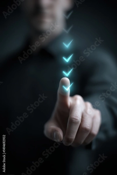 Fototapeta A hand touches a glowing, descending series of blue arrow icons against a dark background, suggesting digital interaction or selection