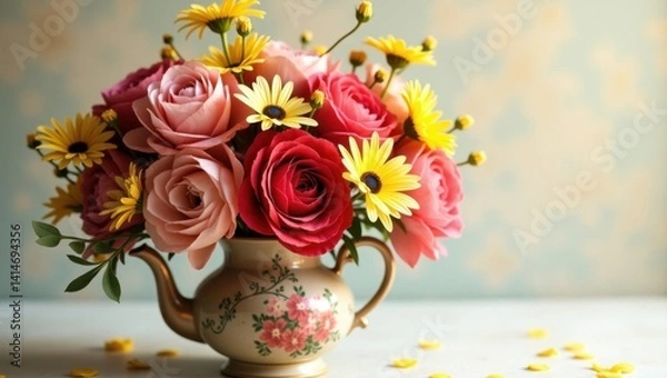 Obraz Floral Arrangement with Roses and Daisies in Vintage Teapot