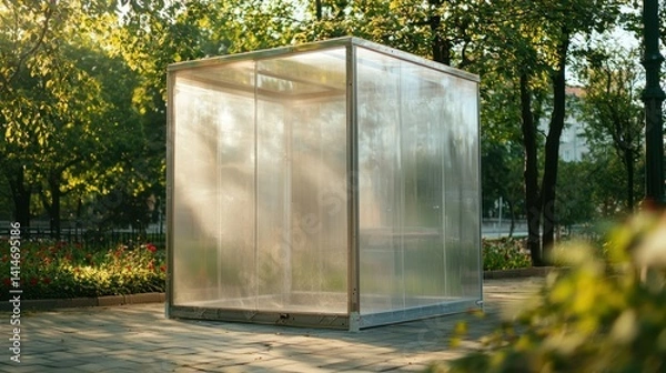 Fototapeta A plastic enclosure used in an outdoor commercial space to create a protected area for customers or products.