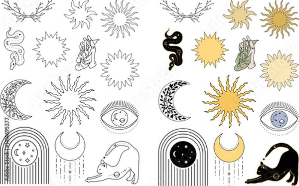 Obraz set of celestial and mystical element bundle line art and coloring style vector illustration  