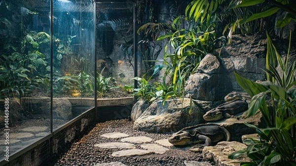 Fototapeta A reptile enclosure in a zoo featuring glass walls, rocks, and plants to create a natural environment for reptiles.