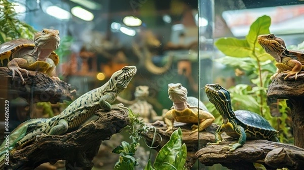 Fototapeta An indoor reptile enclosure with various species of lizards, snakes, and turtles in a controlled habitat.