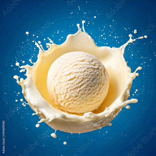 Obraz Vanilla liquid splash with drops, isolated on blue background.