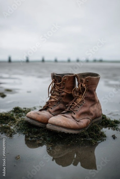 Fototapeta Worn leather boots resting on wet sand, reflecting surrounding l
