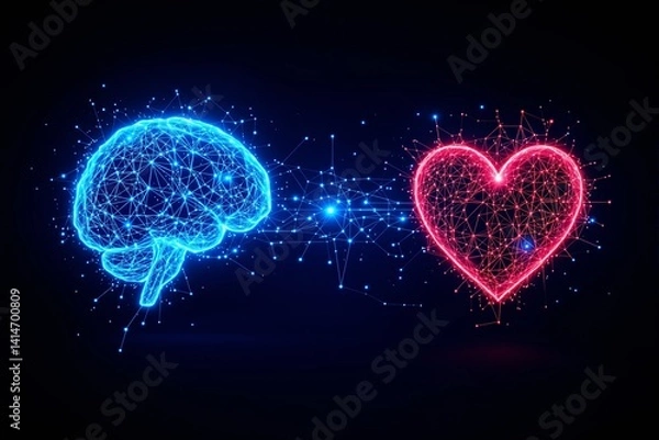 Fototapeta Glowing blue brain and red heart formed by light points connected by lines, digital style on dark background, concept of emotion and logic balance, Ai generative