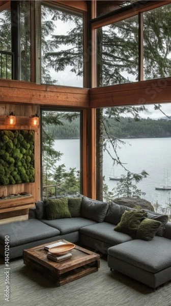 Obraz Serene living room interior with lake view and natural light creating a tranquil atmosphere for relaxation