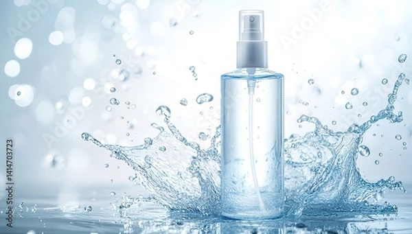 Fototapeta A bottle of white cosmetic water spray stands on the table, surrounded by splashes and drops of transparent blue liquid.