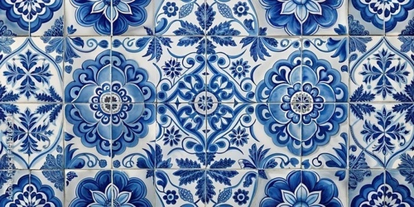 Fototapeta Traditional Portuguese azulejo tile pattern in blue and white tones. Intricate floral and ornamental design, perfect for backgrounds, kitchen decor, or Mediterranean-themed projects.