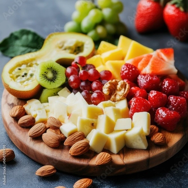 Fototapeta Cheese Board with Assorted Fruits and Nuts