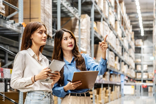 Fototapeta In a bustling warehouse filled with shelves of products, two women share insights and strategies while working on a tablet computer and clipboard, demonstrating teamwork and efficiency in their tasks.
