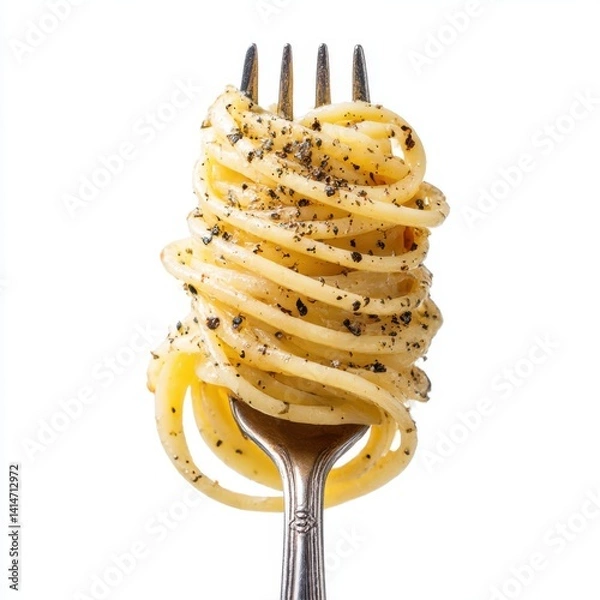 Fototapeta Spaghetti twirled on fork close up on white background 