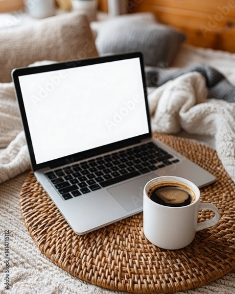 Fototapeta Cozy Workspace with Laptop and Coffee on a Soft Blanket