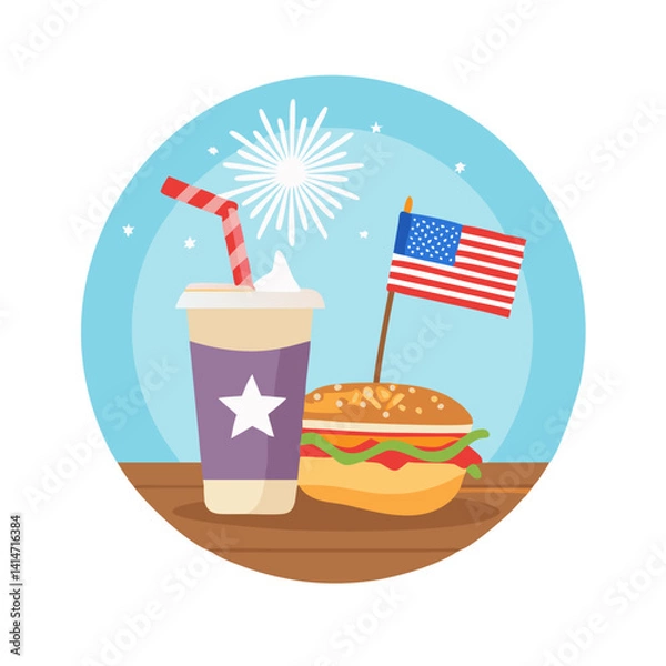 Fototapeta American burger and drink with flag and fireworks background	