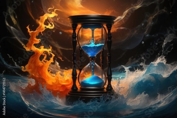Obraz Dramatic Hourglass with Fire and Water Elements Representing Time Passing