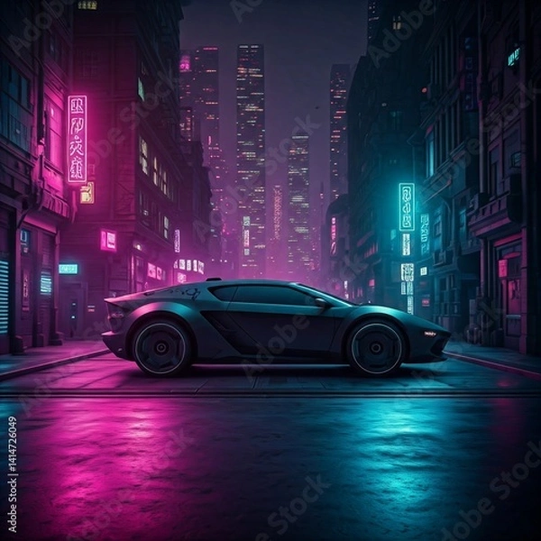 Obraz Sleek Car in Cyberpunk Cityscape with Neon Lights Reflection