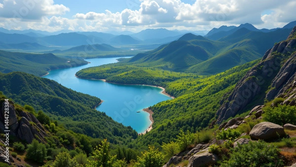 Fototapeta A region revealing a moderate climate zone, characterized by the distribution of green foliage and the presence of significant bodies of water.