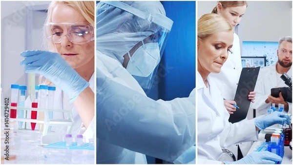 Fototapeta Technology and medical concept. Scientists, lab equipment and microscopes in biomedical innovations and clinical studies. Ideal for educational content. Vertical videos.