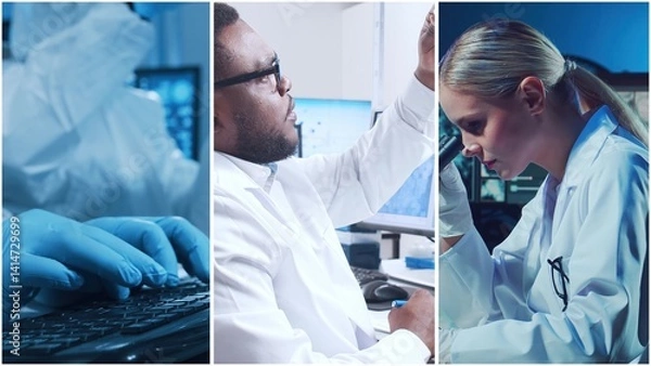 Fototapeta Technology and medical concept. Scientists, lab equipment and microscopes in biomedical innovations and clinical studies. Ideal for educational content. Vertical videos.