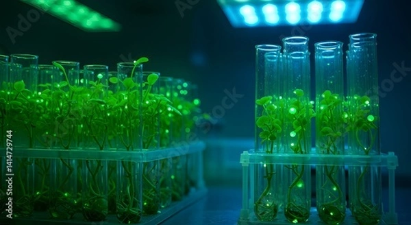 Fototapeta Plants growing in test tubes under blue light in a laboratory setting for scientific research