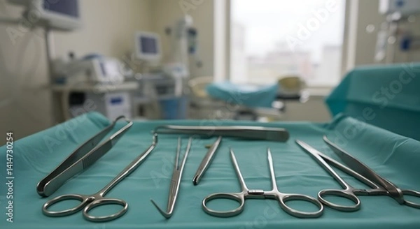 Fototapeta Surgical instruments laid out on a sterile green cloth in an operating room ready for a procedure