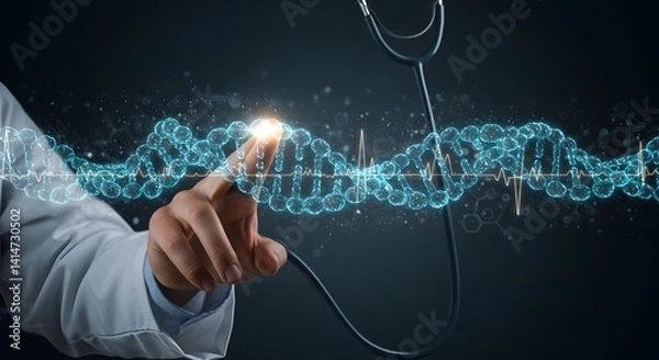 Fototapeta Doctor touching glowing dna strand with stethoscope and heartbeat line in dark background