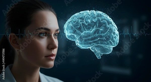 Fototapeta Woman looking at a holographic brain with eeg waves in a dark blue background with patterns