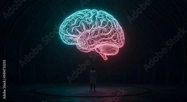 Fototapeta A person looking at a glowing neon brain in a dark room with a circular platform underneath it
