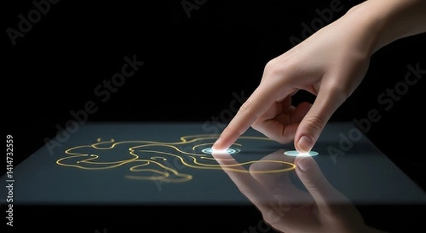 Fototapeta A hand touching a glowing screen with a yellow line drawing on a black background surface