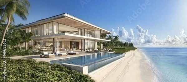 Fototapeta Opulent coastal residence with infinity pool merging into the turquoise ocean view