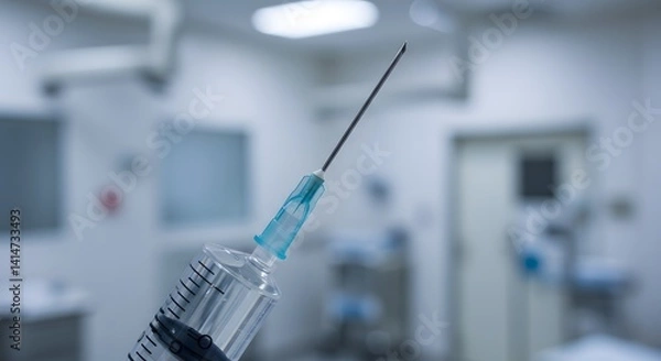 Fototapeta Close up of a syringe with a needle in a medical setting with blurred background in soft lighting