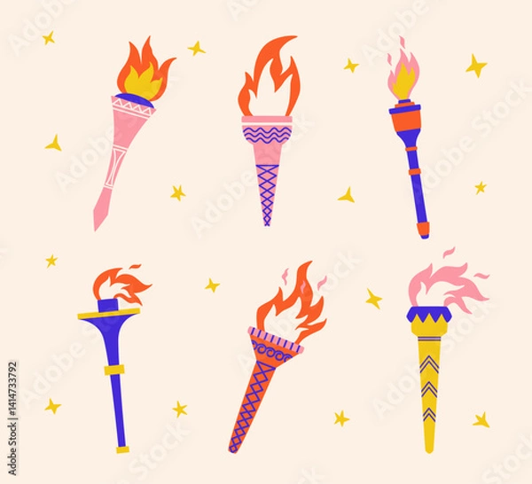 Fototapeta Set of torches with flame in quirky stile. Fire symbol of competition victory, championship. Vector illustration