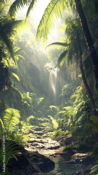 Obraz Lush Tropical Jungle Waterfall Scene with Sunlight Streaming Through Palm Trees and Verdant Foliage