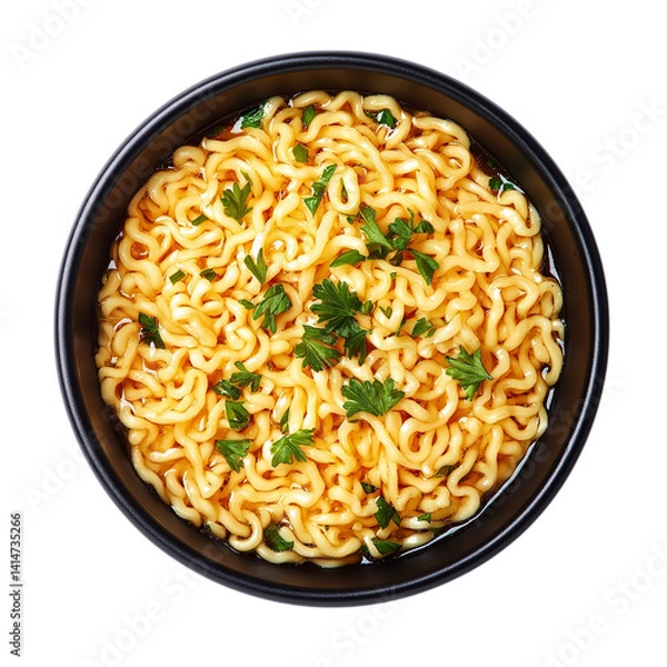 Fototapeta Top view of delicious ramen noodle soup in black bowl with fresh parsley garnish perfect for lunch or dinner