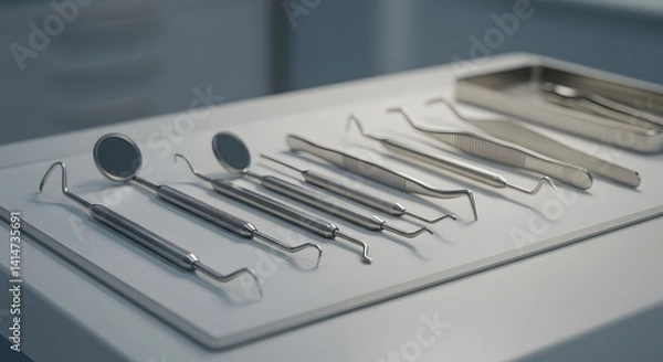 Fototapeta A sterile tray filled with an assortment of dental instruments ready for a procedure in a clinic