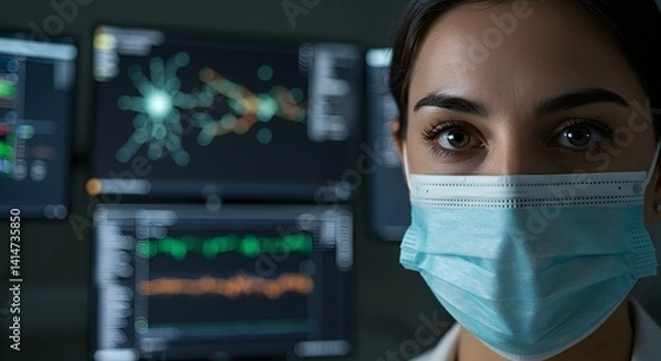 Fototapeta Close up of a woman wearing a surgical mask with monitors displaying data in the background